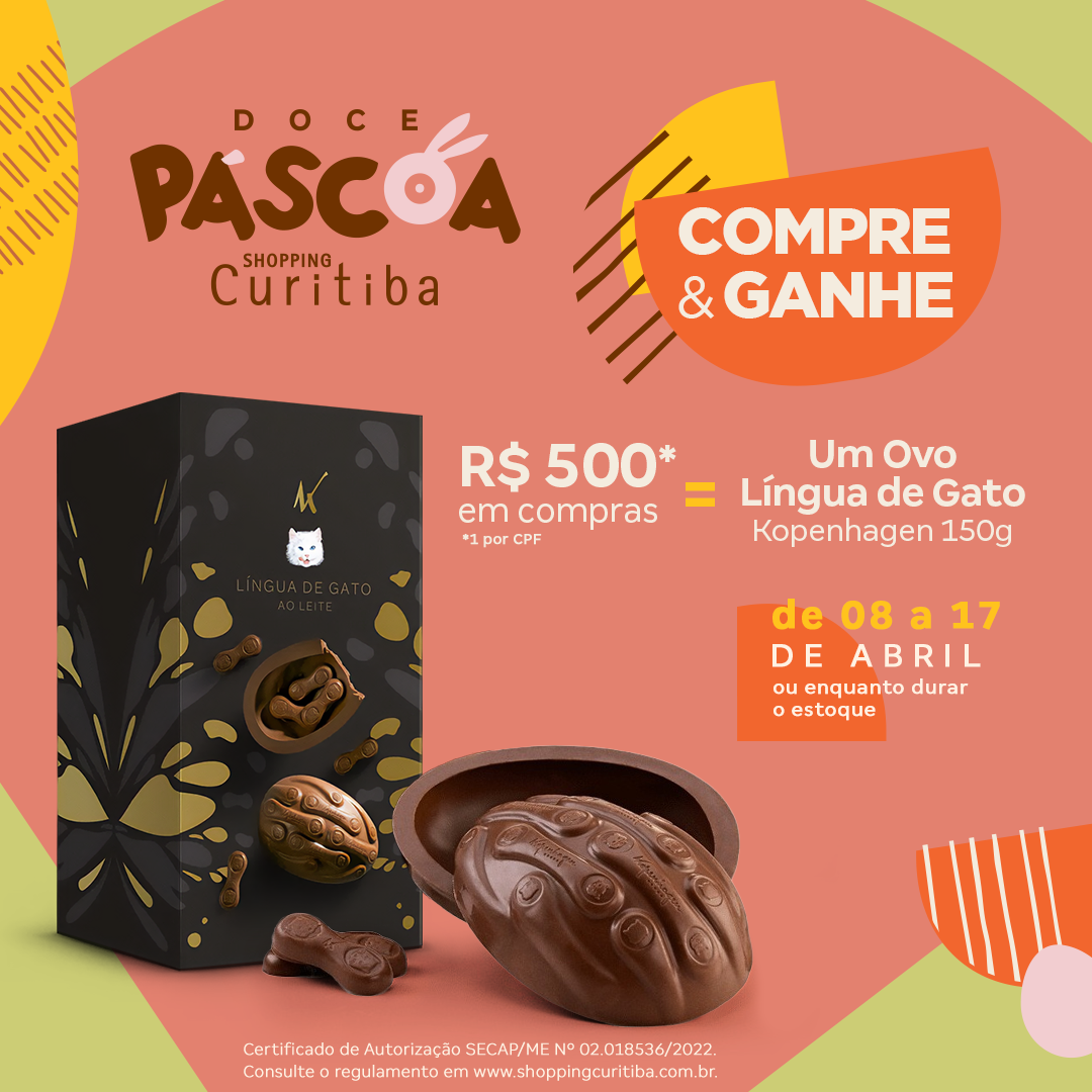 Páscoa do Shopping Curitiba tem compre e ganhe com Ovo Língua de Gato da Kopenhagen